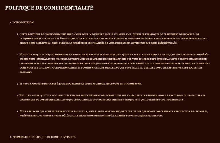 Playjonny Casino politique confidentialité